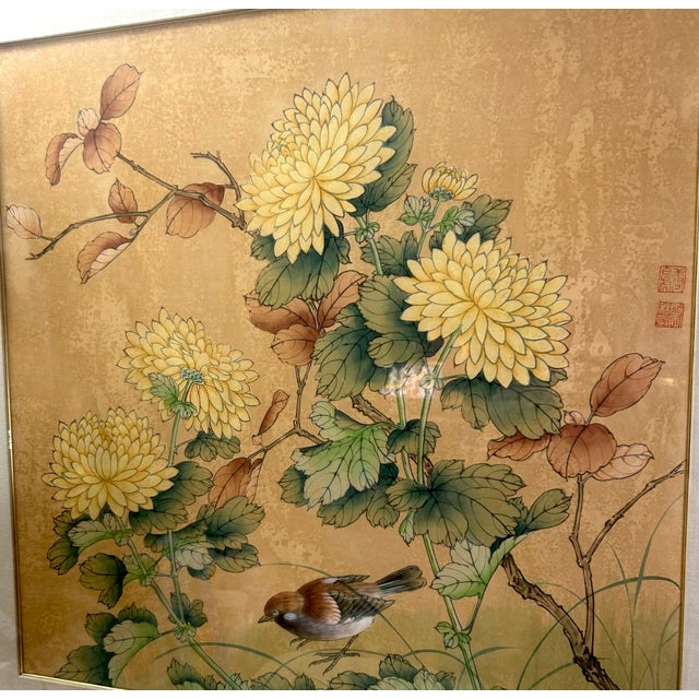 Vintage Chinese Tempera on Silk Painting – Swallow and Chrysanthemums – For Sale In Los Angeles - Image 6 of 12