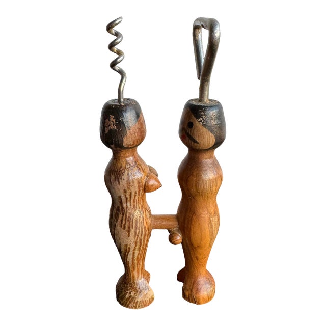 1960s Mid Century Modern Nude Male and Female Wooden Bar Tools- A Pair For Sale