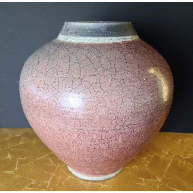 Large Signed Native American Style 2 Tone Crackle Glaze Hand Thrown Raku Pottery Vase For Sale - Image 4 of 7