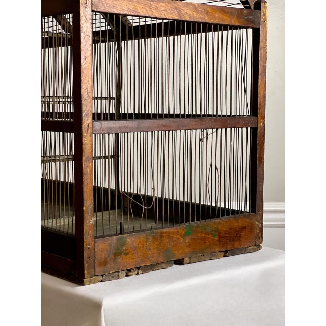 19th Century Architectural Dual Compartment Wood and Wire Birdcage For Sale - Image 13 of 16