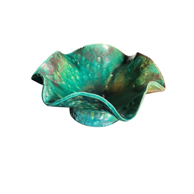 Late 20th Century Late 20th Century Ruffled Raku Signed Pottery Bowl For Sale - Image 5 of 18