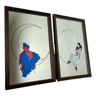 Vintage Art Deco Mirrors with Pierrot Harlequin on Crescent Moon Artwork, 1970s, Set of 2 For Sale