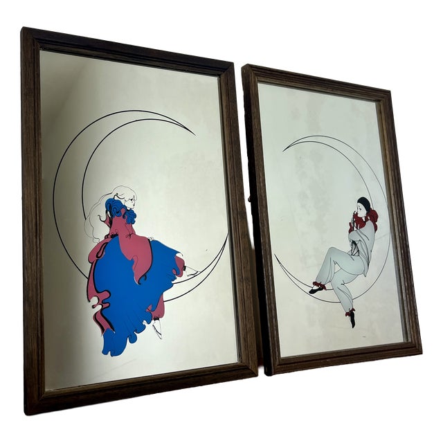 Vintage Art Deco Mirrors with Pierrot Harlequin on Crescent Moon Artwork, 1970s, Set of 2 For Sale