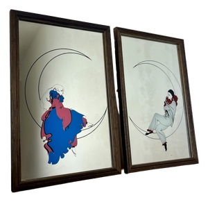 Vintage Art Deco Mirrors with Pierrot Harlequin on Crescent Moon Artwork, 1970s, Set of 2