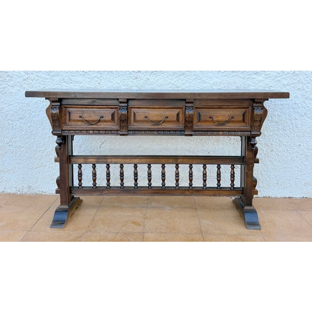 Valenti Spanish Carved Wood Console Table with Drawers and Turned Spindles, 1950 For Sale - Image 4 of 15