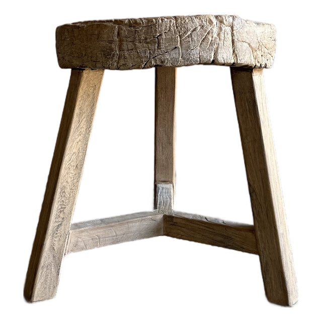 Vintage Elm Wood Wheel Side Table #A53 For Sale