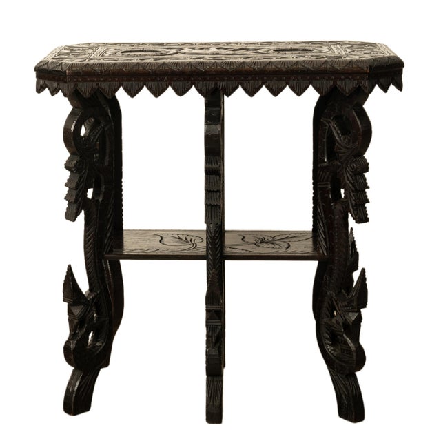 Antique Carved Anglo Indian Teak Wood Elephant Twin Tier Lamp Side Table 1900 For Sale - Image 14 of 17