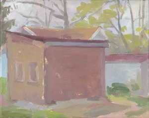 "New Jersey Backyard in Spring" Contemporary Landscape with Old Houses Oil Painting by Michelle Farro
