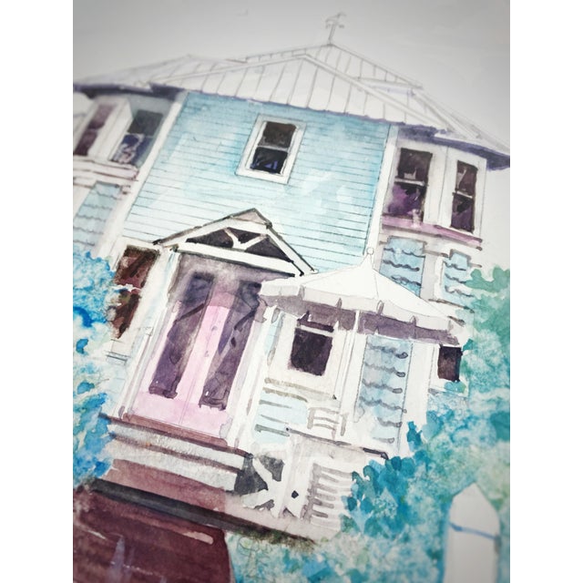 1990s Large Jerry Baum Signed Watercolor “The Seaside” Coastal Southern Home, 1991 - Framed For Sale - Image 5 of 11