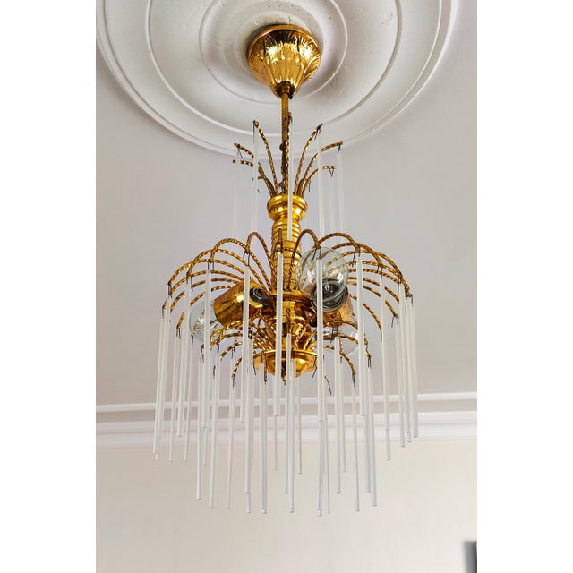 Metal Vintage Brass Chandelier Milk Glass Rods Ceiling Light For Sale - Image 7 of 14