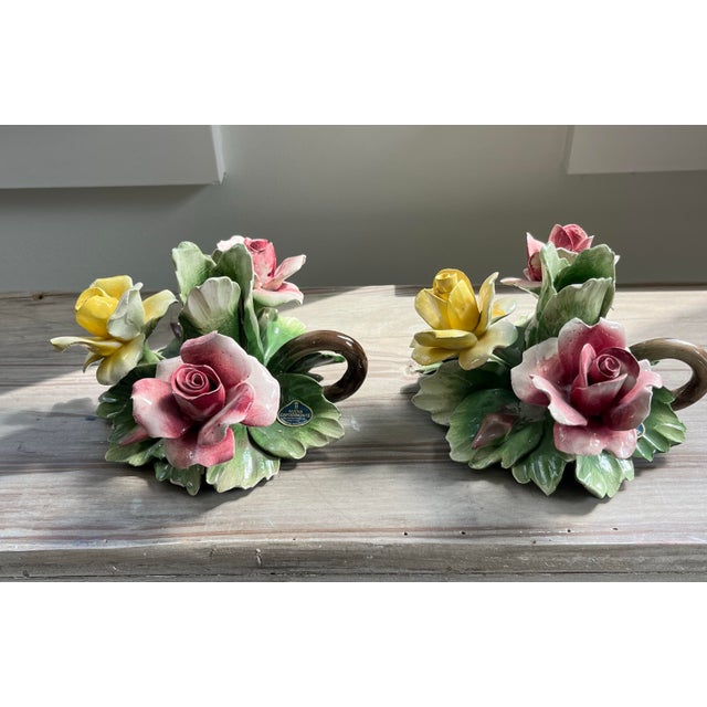 Hollywood Regency Mid 20th Century Italian Capodimonte Ceramic Flower Candlestick Holders With Finger Loops-Set of 2 For Sale - Image 3 of 11