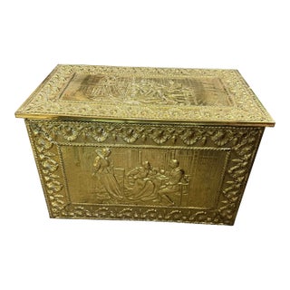 1950s Brass English Trunk Repousse Colonial England Blanket Chest For Sale