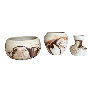 Vintage Brown Swirl Nemadji Pottery Collection- 3 Pieces