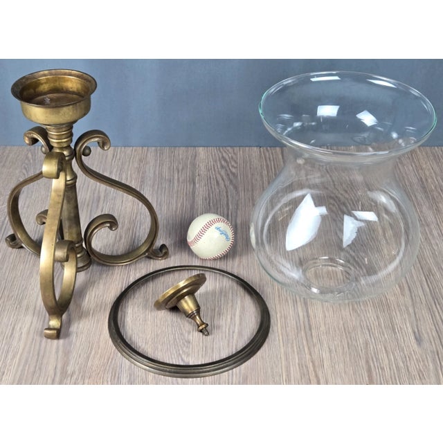 1990s 23.5" Castilian Imports Solid Brass Scroll & Glass Hurricane Candle Holder For Sale - Image 13 of 15