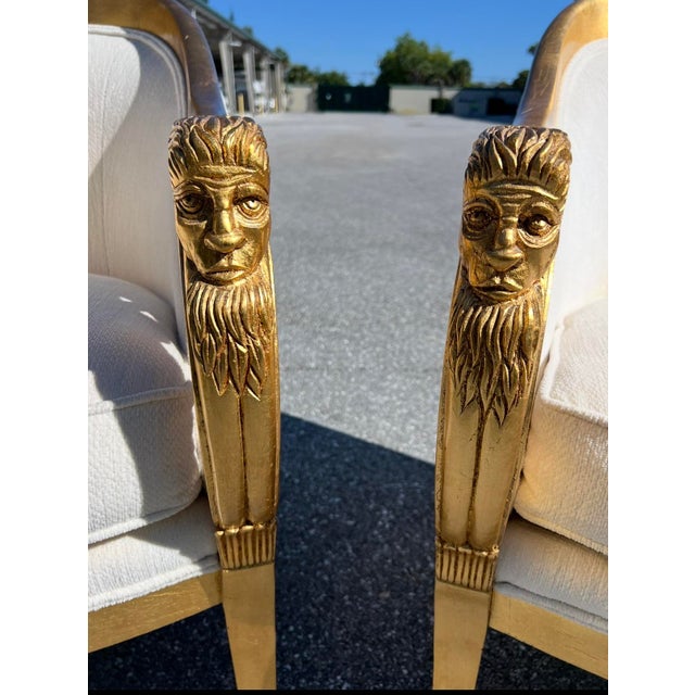 1950s Companion Pair Louis XVI Style Gold Gilt Upholstered Arm Chairs For Sale - Image 11 of 17