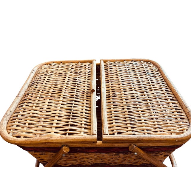 Wood Vintage Wicker Picnic Basket With Grape Vine Motif & Folding Handles For Sale - Image 7 of 10