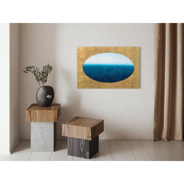 Contemporary Rebecca Koury "Tapestry of the Ocean" Blue Gold Ocean Contemporary Abstract Painting, Acrylic and Mixed Media on Canvas, Carmel California Art For Sale - Image 3 of 4