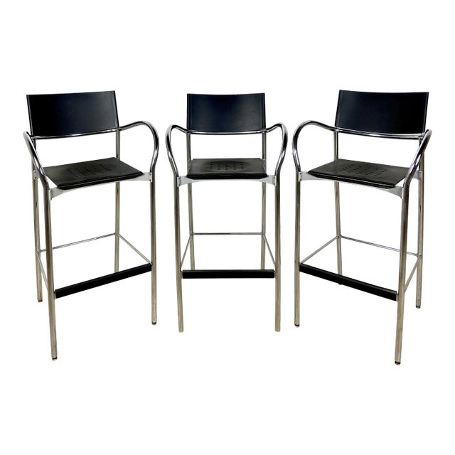 Vintage 1980s Carlo Bertoli Breeze Bar Stools With Perforated Black Seats by Segis - Set of 3 For Sale