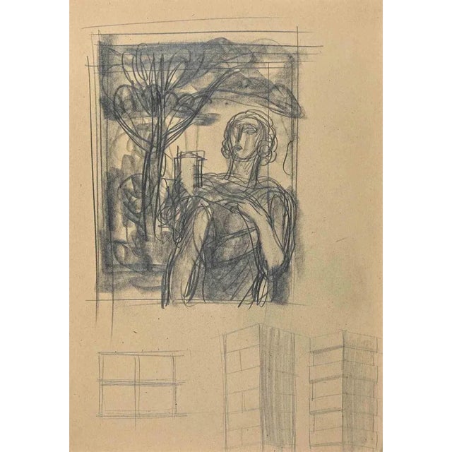 The Woman In A Garden is aDrawing in pencil on creamy-colored paper attributed to Gaspard Maillol in the mid-20th Century....