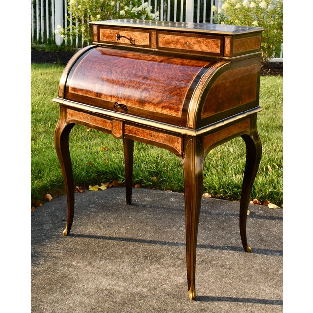 Antique French Walnut Desk Burl Brass Inlay Cylinder Roll Style Bureau Ormolu For Sale In Philadelphia - Image 6 of 16
