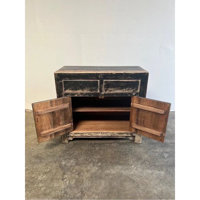 Vintage reclaimed elm wood 2 door with 2 drawers black distressed painted console. Perfect for an entry, use as a bar, in...