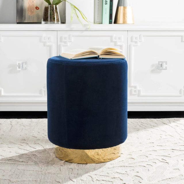 Velvet Ottoman With Brass Base in Navy For Sale - Image 4 of 5