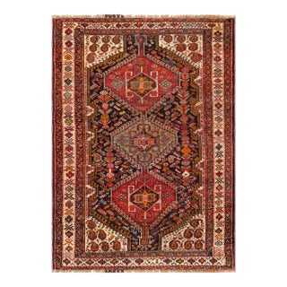 1950s Qashgaie Wool Area Rug, 4' 4" X 6' 9", Navy For Sale