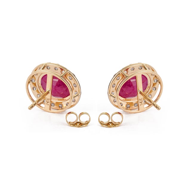 7.21ct Oval-Cut Ruby & 1.16ct Diamond Halo Stud Earrings in 18k Yellow Gold- A Pair For Sale - Image 9 of 16