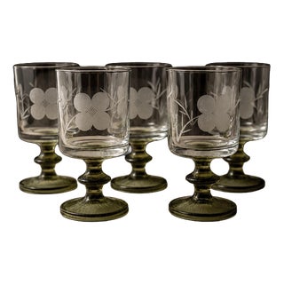 Vintage Etched Floral Clear Wine Glasses with Olive Green Stems, Set of 5 For Sale