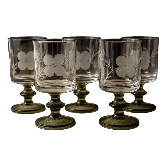 Vintage Etched Floral Clear Wine Glasses with Olive Green Stems, Set of 5 For Sale