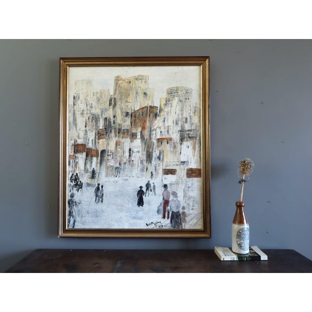 Abstract Expressionism 1979 Modernist 'Old Town Reverie' Vintage Swedish Semi-Abstract Street Scene Oil Painting, Framed For Sale - Image 3 of 11