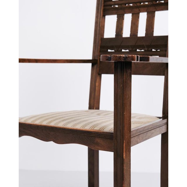 Antique Armchair in Oak with Striped Upholstery, 1930s For Sale - Image 3 of 10