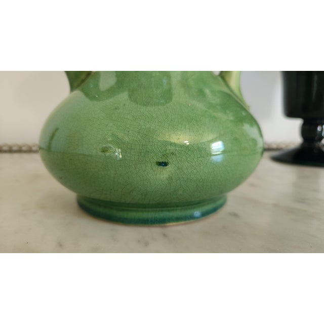 Mid-Century Modern Vintage German Green and Brown Drip Glaze Double Handle Vase, Marked Germany 850 For Sale - Image 3 of 14