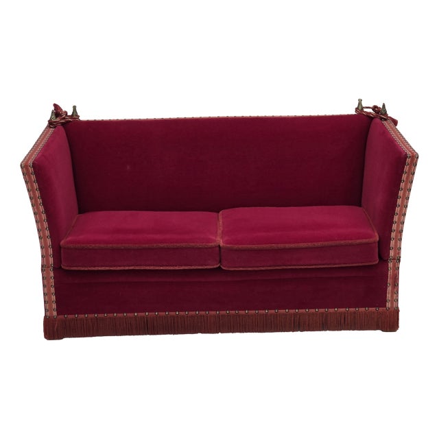 Danish 2-Seater Drop Arm Spanish Sofa in Red Furniture Velour, 1970s For Sale