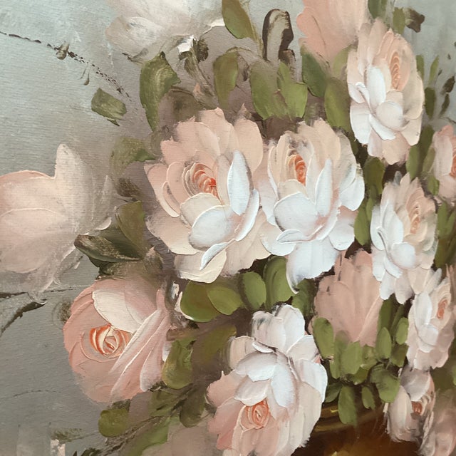 Textile Vintage Floral Still Life Rose Bouquet in Vase Oil Painting on Canvas Signed Framed For Sale - Image 7 of 12