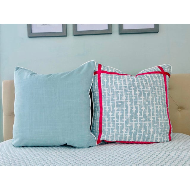 2020s 25” X 25” Thibaut Haven Spa Blue & Hot Pink Linen Pillow Covers - a Pair For Sale - Image 5 of 8