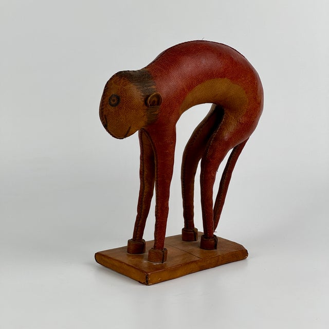 Folk Art Small Vintage Folk Art Painted Leather Monkey on Stand For Sale - Image 3 of 9