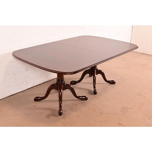 English Stickley Regency Cherry Wood Double Pedestal Extension Dining Table, Newly Refinished For Sale - Image 3 of 15