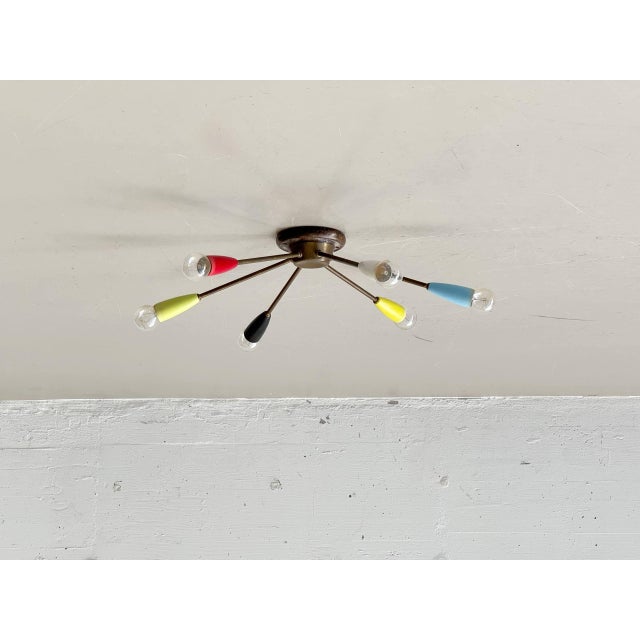Sputnik Ceiling Light with Six Brass Arms and Colored Sockets, 1960s For Sale - Image 16 of 16