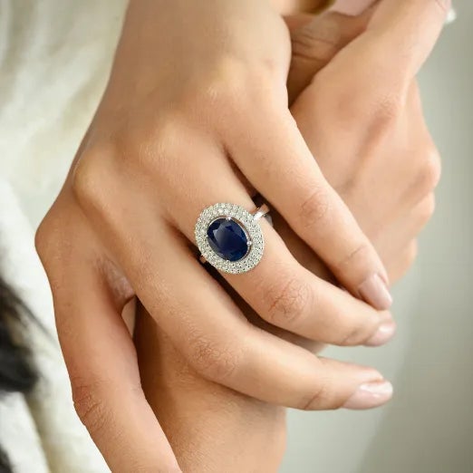 4.72 Ct Blue Sapphire Halo Diamond Art Deco Wedding Ring Size 5.5 For Sale - Image 4 of 12