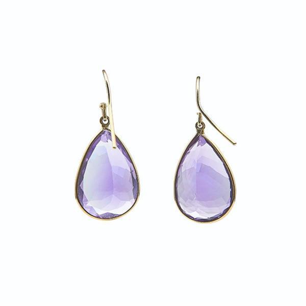 Metal 14k Yellow Gold Pear-Shaped Amethyst Shepherd Hoop Drop Earrings, A Pair For Sale - Image 7 of 7