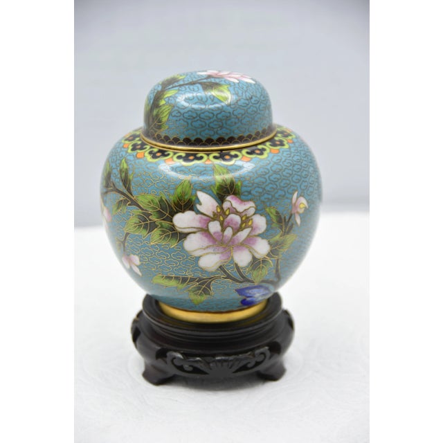 Chinese Cloisonné Enamel and Brass Ginger Jar with stand Vintage Chinese Cloisonné Ginger Jar on stand depicting a large...