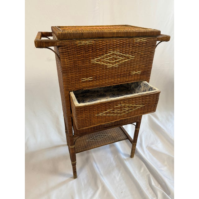 Antique Victorian Wicker Rattan Sewing Stand | Lift-Top Toile Lined, Two Drawers | Edwardian Work Table, 31in For Sale - Image 12 of 18