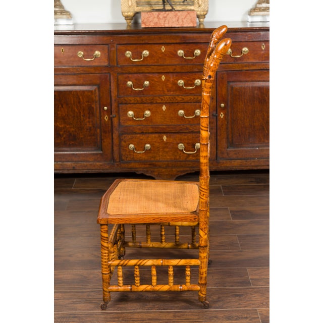 English 1890s Bamboo Slipper Chair with Fan Back, Rattan Seat and Casters For Sale - Image 4 of 12