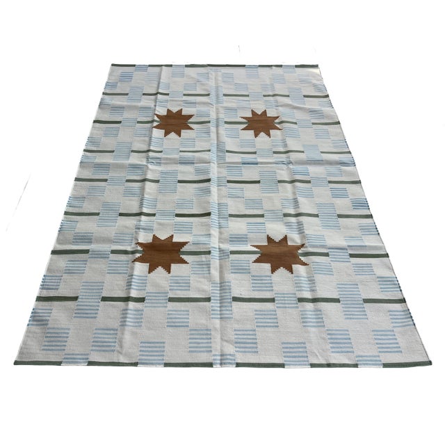 Mid-Century Modern Handmade Cotton Vegetable Dyed Area Rug, White, Sky Blue, Sage Green Star Dash Striped Dhurrie-5'x8' For Sale - Image 3 of 13