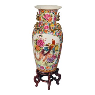 1900s Spectacular Chinese Chinoiserie Floor Vase With Phoenix Birds and Stand For Sale