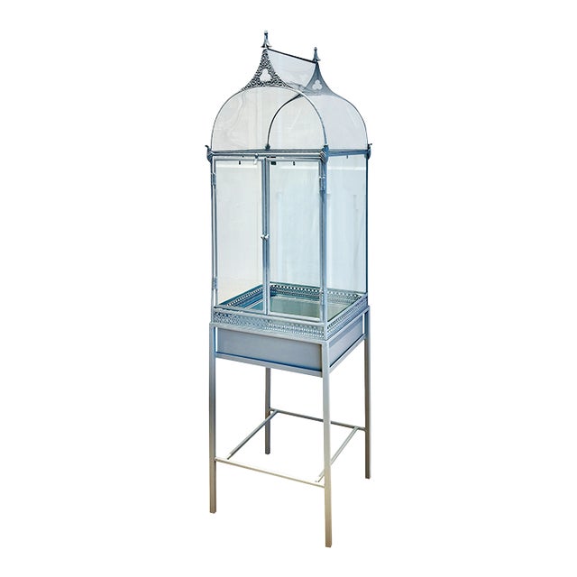 Painted Metal & Glass Terrarium on Stand With Curved Roof For Sale