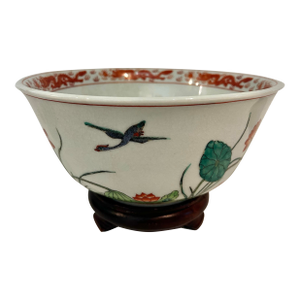 Vintage 10” Hand-Painted Porcelain Lotus & Dragon Centerpiece Bowl With Ming Style Wood Stand