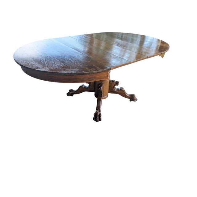 Antique Carved Oak Lion Head Pedestal Dining Table With 3 Leaves - 42" to 69" For Sale - Image 13 of 16
