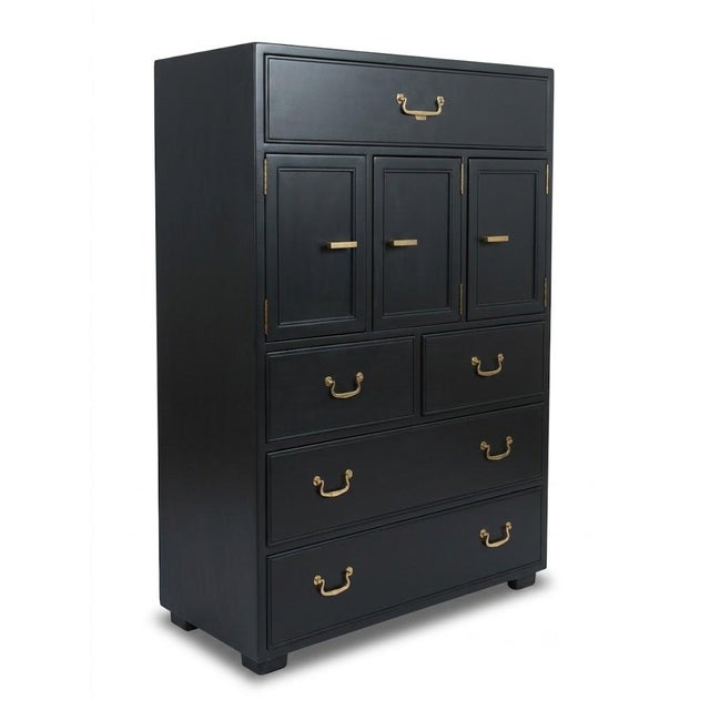 Henredon 1970s Vintage Henredon Artefacts Tall Chest in Midnight Blue With Brass Hardware For Sale - Image 4 of 7